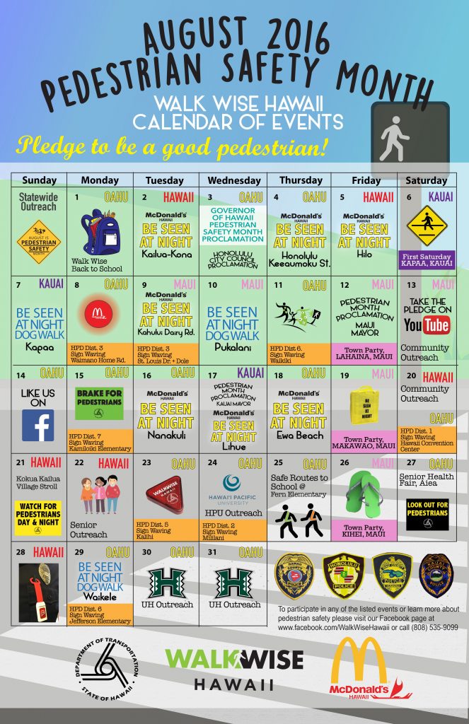 Hawai'i is the only state with a month dedicated to pedestrian safety. Pedestrian-related community events and campaigns will be held throughout the month to encourage safe pedestrian behaviors and raise driver awareness of pedestrians. Photo Courtesy.