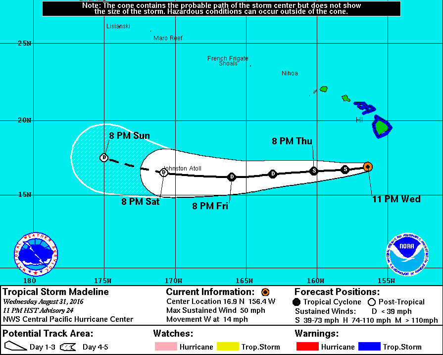 Madeline. Forecast track as of 11 p.m. on 8.31.16. Image credit: NOAA/NWS/CPHC