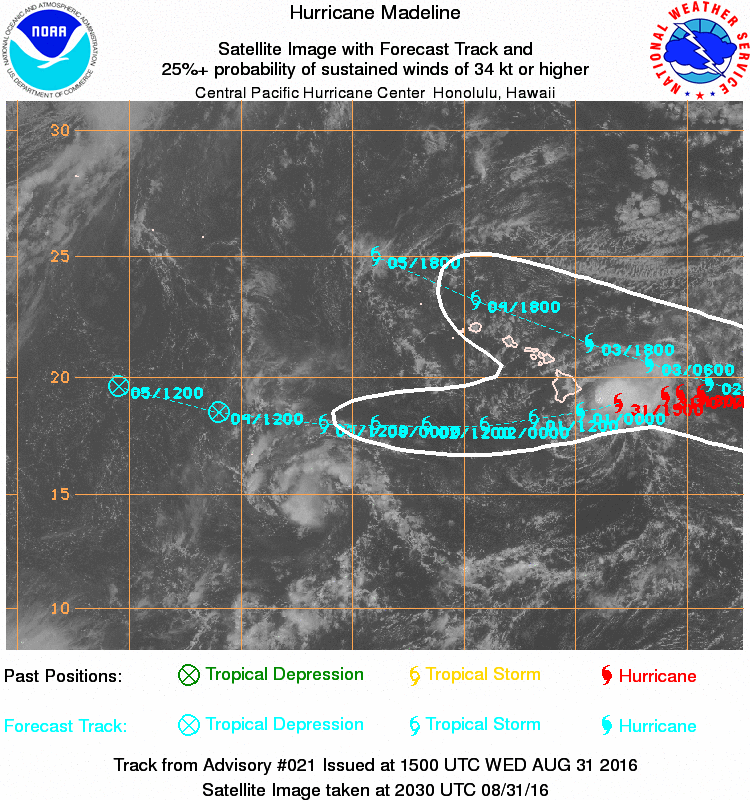Madeline satellite imagery, 10:30 a.m. HST 8.31.16. (2030 UTC 8.31.16) Image: NOAA/NWS/CPHC