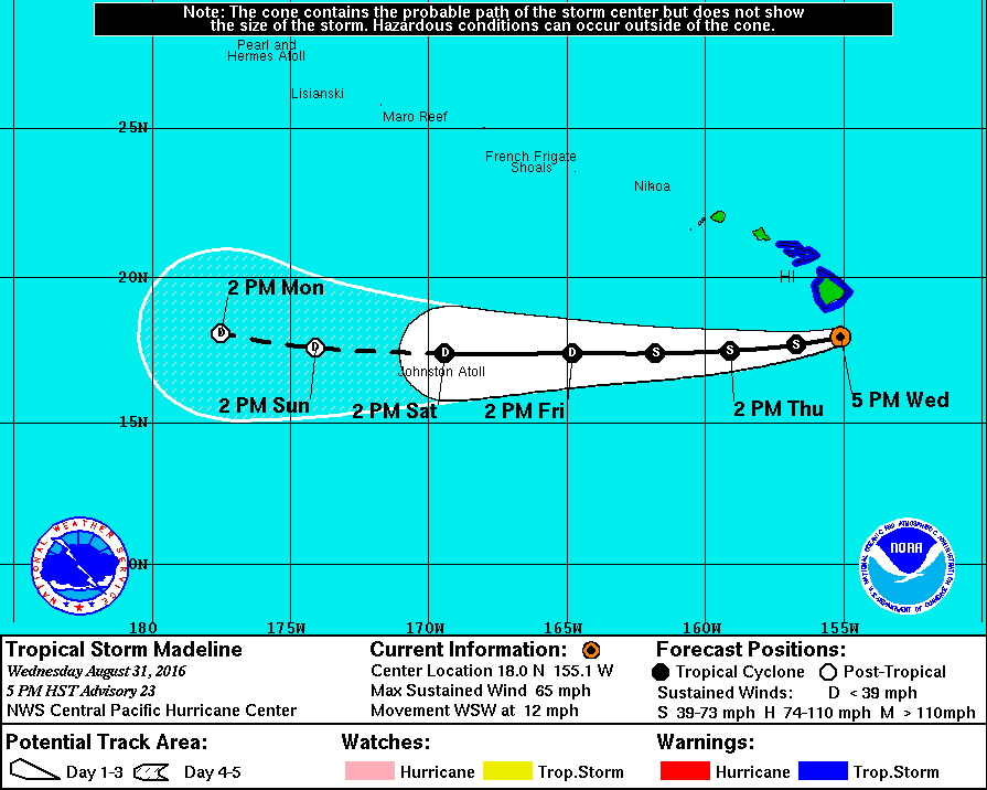 Madeline. Forecast track as of 5p.m. on 8.31.16. Image credit: NOAA/NWS/CPHC
