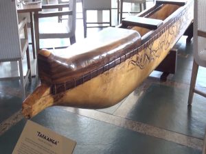 Historic canoe from the Kapalua Bay Hotel days, now in the dining room at Cane & Canoe. Photo by Kiaora Bohlool.