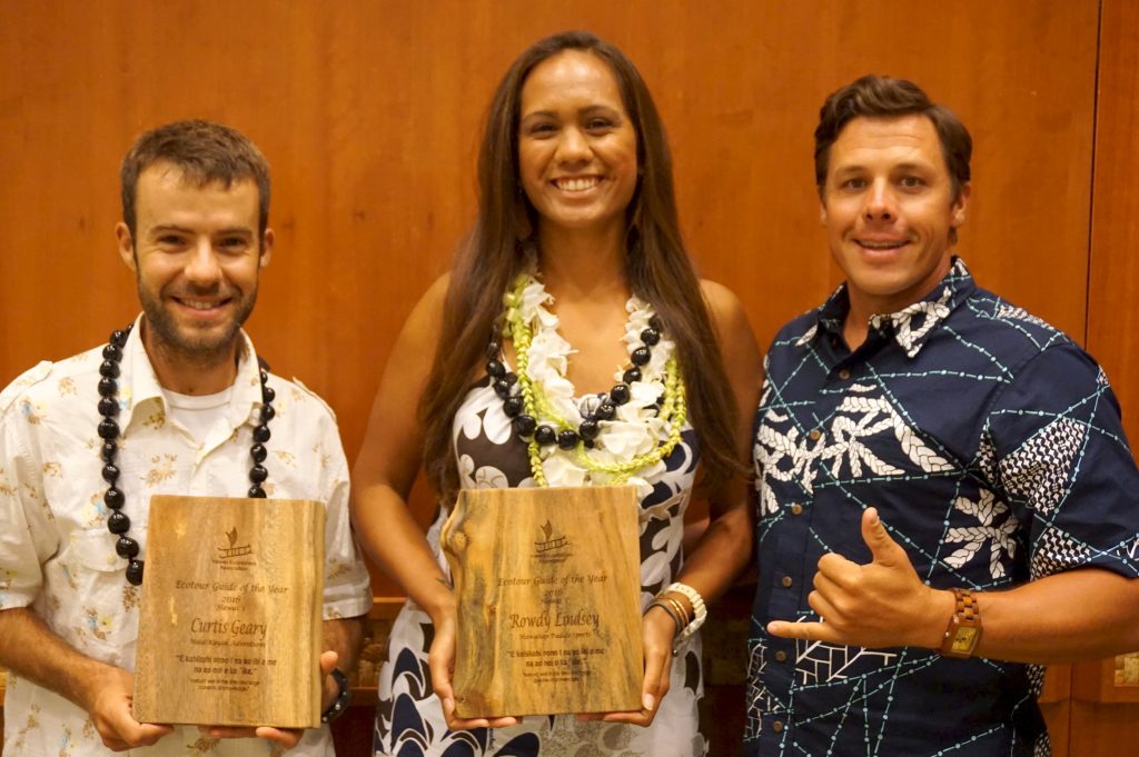 Curtis Geary of Maui Kayak Adventures and Rowdy Lindsey of Hawaiian Paddle Sports were awarded Maui Ecotour Guides of the Year by the Hawaii Ecoutourism Association. They are pictured with Timothy Lara, at right, who owns both companies. (Photo courtesy: Hawaiian Paddle Sports) 