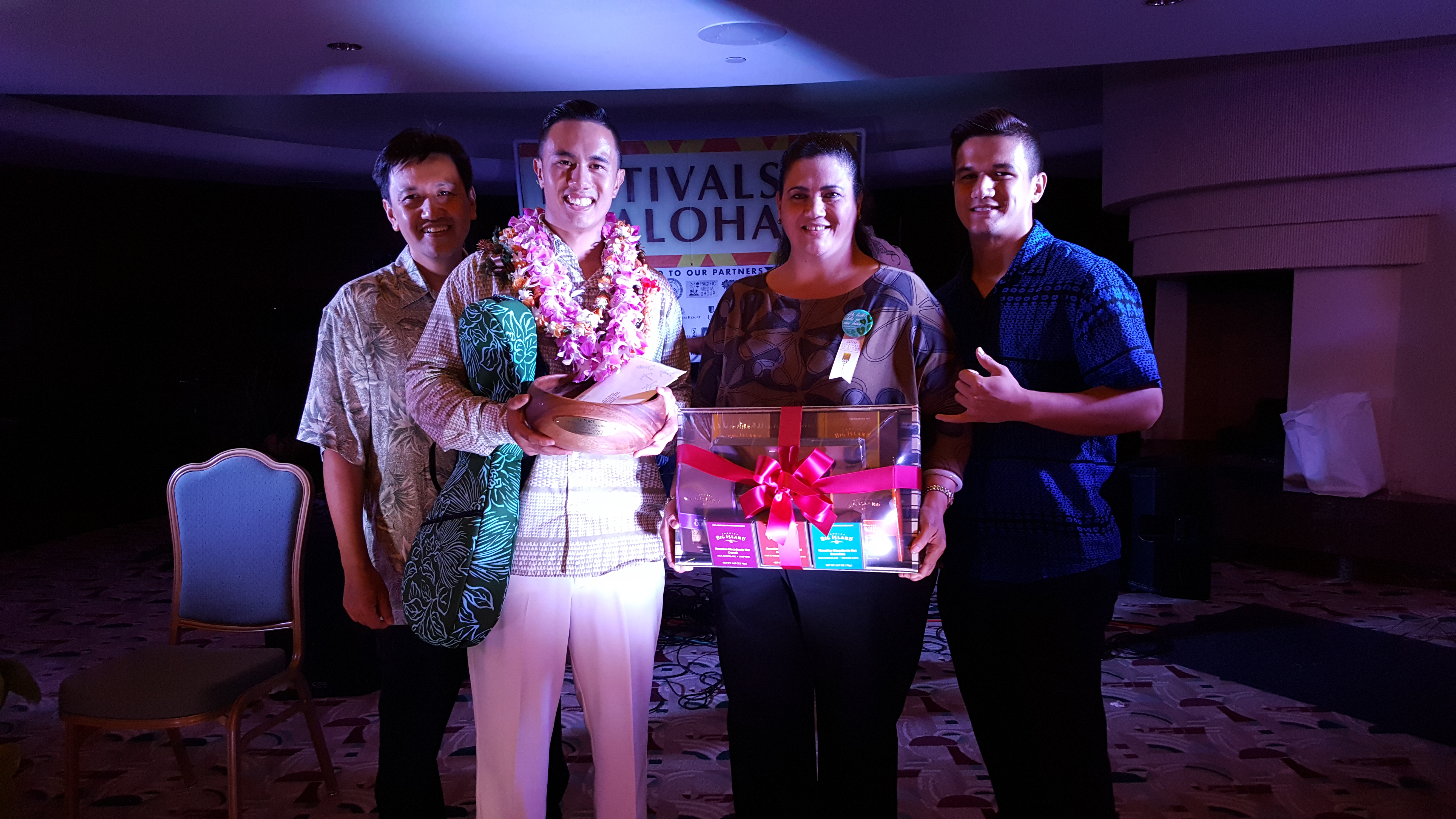 Gregory James Kahikina Maikalani Maxwell Juan with his ʻohana at the 15th Richard Hoʻopiʻi Leo Kiʻekiʻe Falsetto Contest.  PC: Daryl Fujiwara 