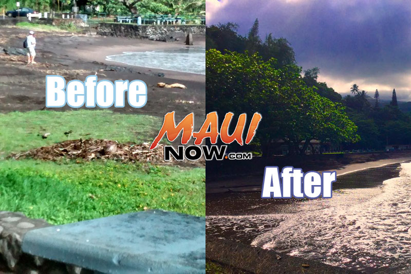 Hāna Bay before and after. Photo credit: Lehua Cosma and Tuks Medeiros.