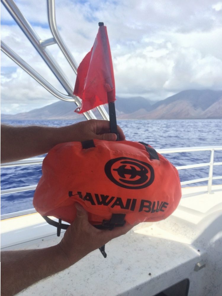 The Coast Guard is seeking the public's help identifying the owner of a dive float found two miles southwest of McGregor Point, Maui, Saturday. The dive float is orange with an orange flag and has the words Hawaiʻi Blue in black letters. (Courtesy photo: US Coast Guard District 14 Hawaiʻi)