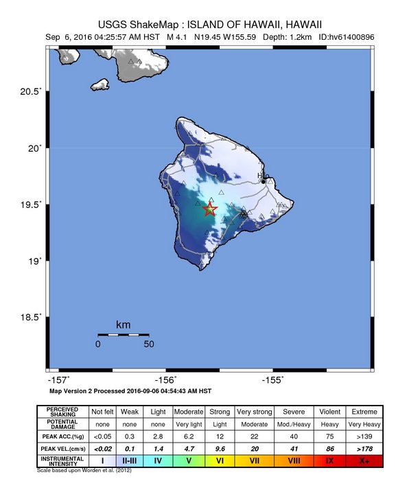 Mauna Loa earthquake shake map (intensity) image credit: NOAA/USGS/PTWC