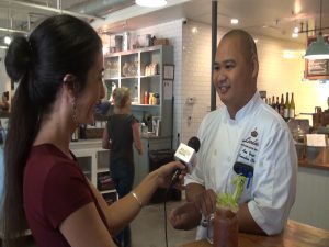 Maui Now's Kiaora Bohlool interviews Leoda's Executive Chef Alex Yago. Photo by Kiaora Bohlool.