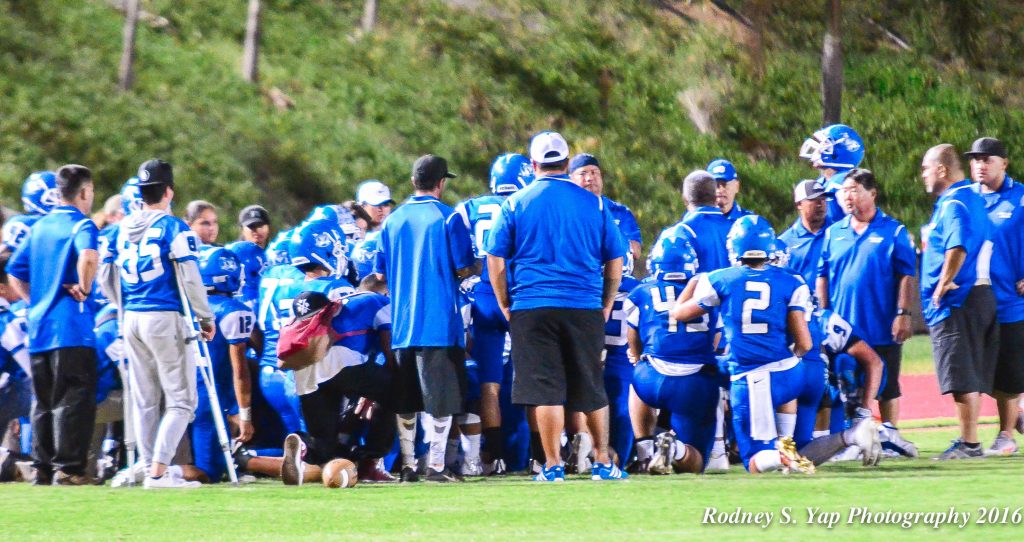The Maui High Sabers football team improved to 4-2 overall and 1-1 in the second round with its 48-0 victory Saturday at King Kekaulike. The Saber team is shown here before halftime last week at War Memorial Stadium. Photo by Rodney S. Yap.