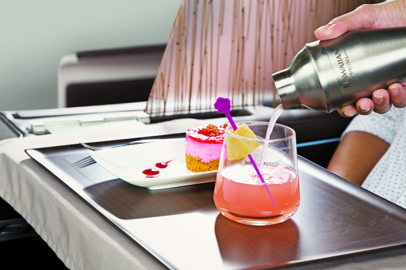 Hawaiian Airlines Lie Flat seating area, Dessert and Drink. PC: Rae Huo photo 9/16. 