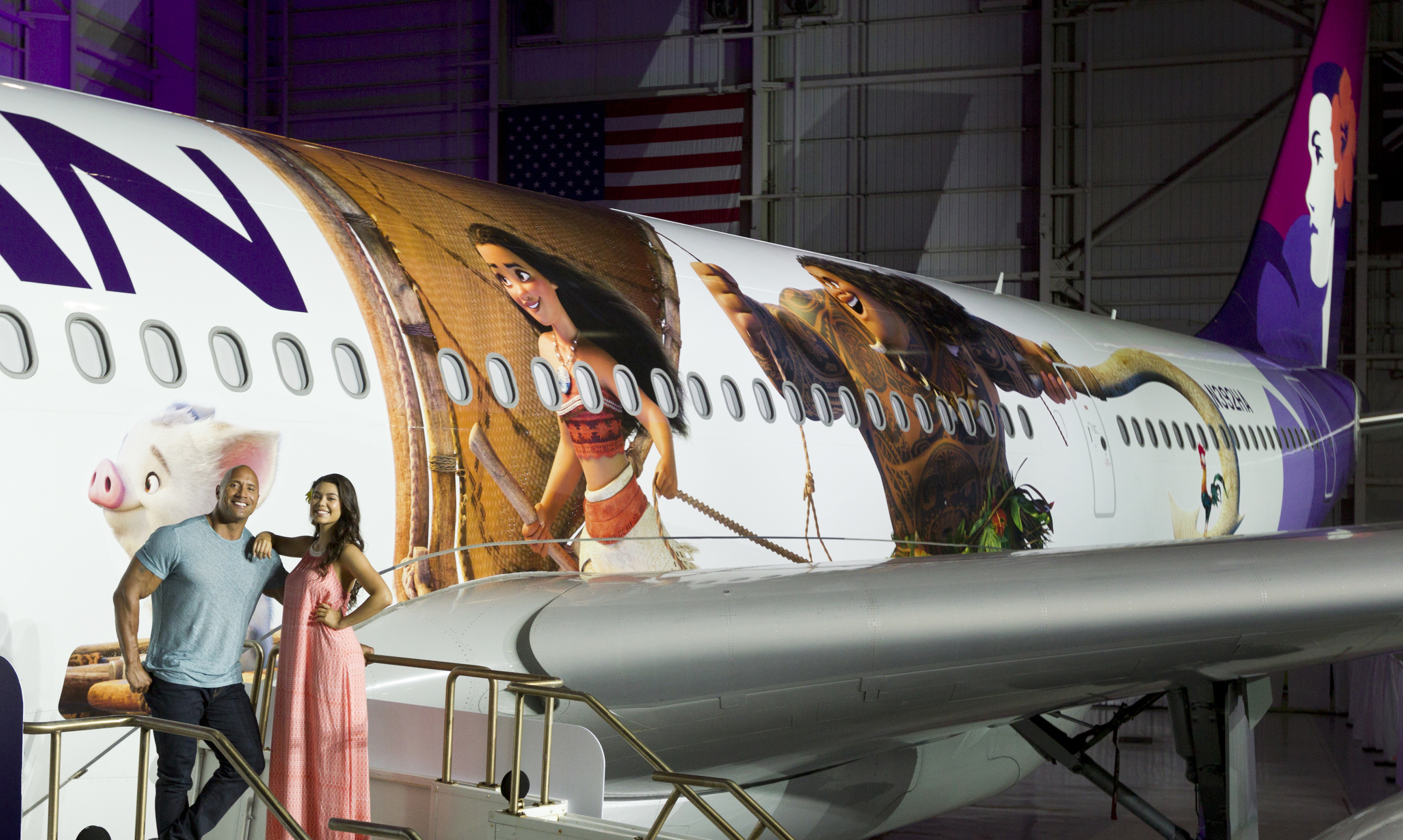 Hawaiian Airlines today revealed the first of three Moana-themed planes at its home base at Honolulu International Airport (HNL). Aulii Cravalho, the Hawai?i-born actress who is the voice of Disneys Moana, and Dwayne Johnson, the voice of demigod Maui, were among the first to see the inspiring new design. Photo by Donald Traill for Hawaiian Airlines