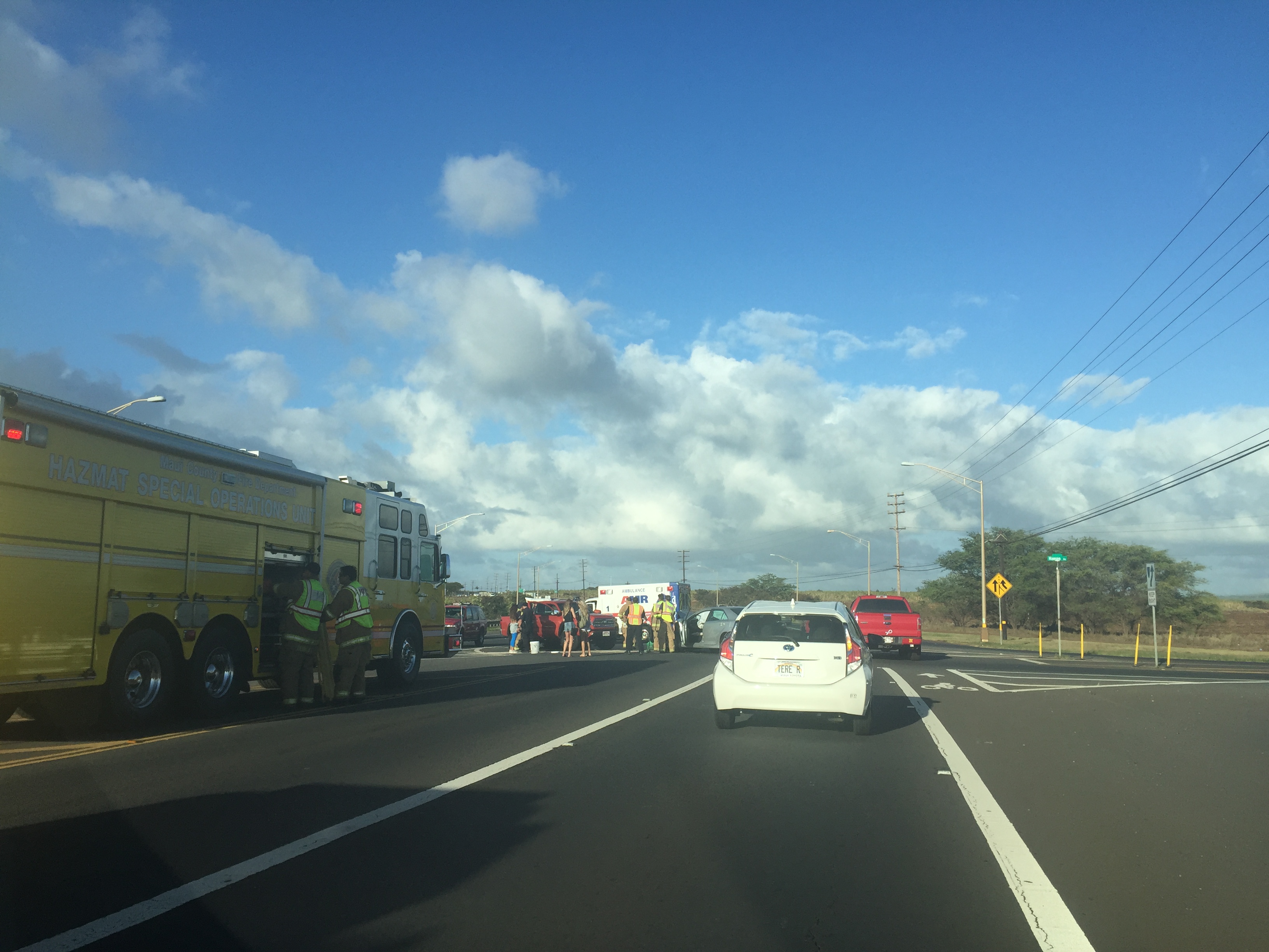Emergency crews are on the scene of a motor vehicle accident on the Hāna Highway near the Hansen Road intersection. PC: Tara Dugan.