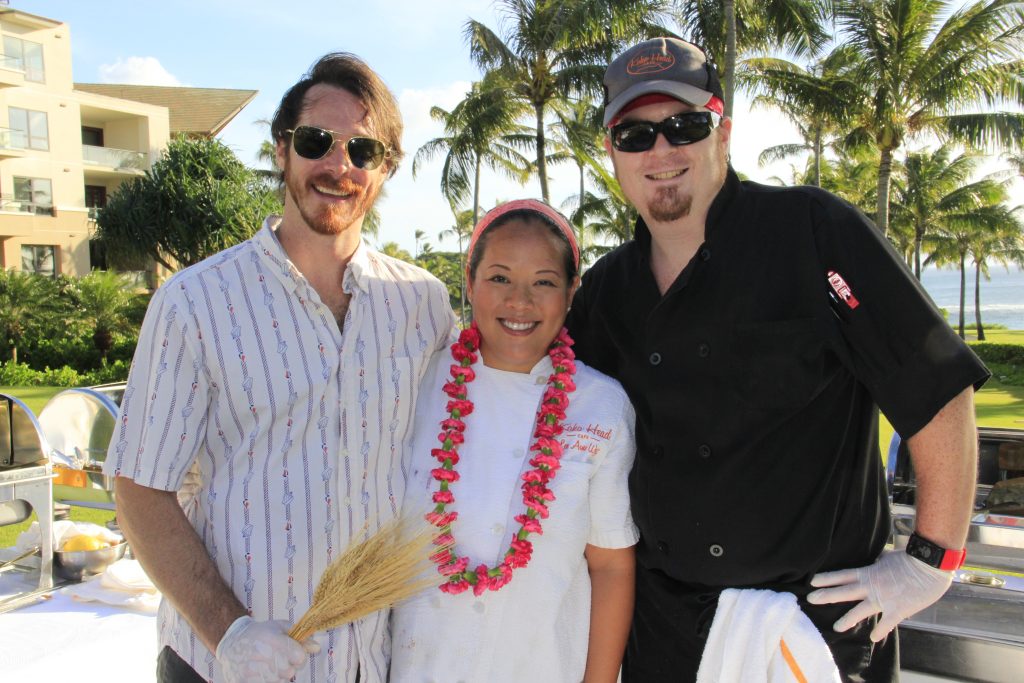 Former Top Chef contestant and fan favorite, Chef Lee Anne Wong of Koko Head Café on O'ahu and her team, from left: Lyle Cady of Hanai Market on Kaua'i, Chef Lee Anne Wong and sous chef Casey Young from Koko Head Café. Photo Courtesy: Marlo Antes.