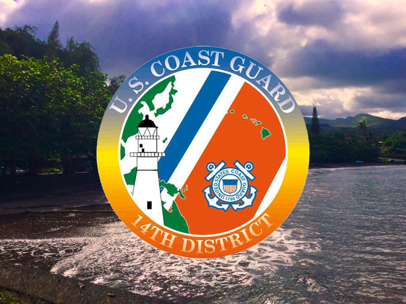 Coast guard logo. Hāna Bay in background. Maui Now.