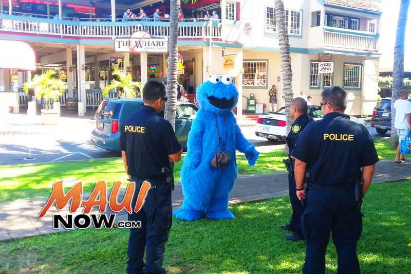 Cops were checking in on an individual dressed as Cookie Monster, making sure he wasn't panhandling at the Banyan Tree park in Lahaina. No ticket was issued, and police left. Sources say he has been there two days in a row. The area will be full of people in costume on Oct. 31 as the Lahaina Town Action Committee hosts its annual Halloween in Lahaina event, which attracts thousands of revelers each year. Photo courtesy: Kevin Olson.