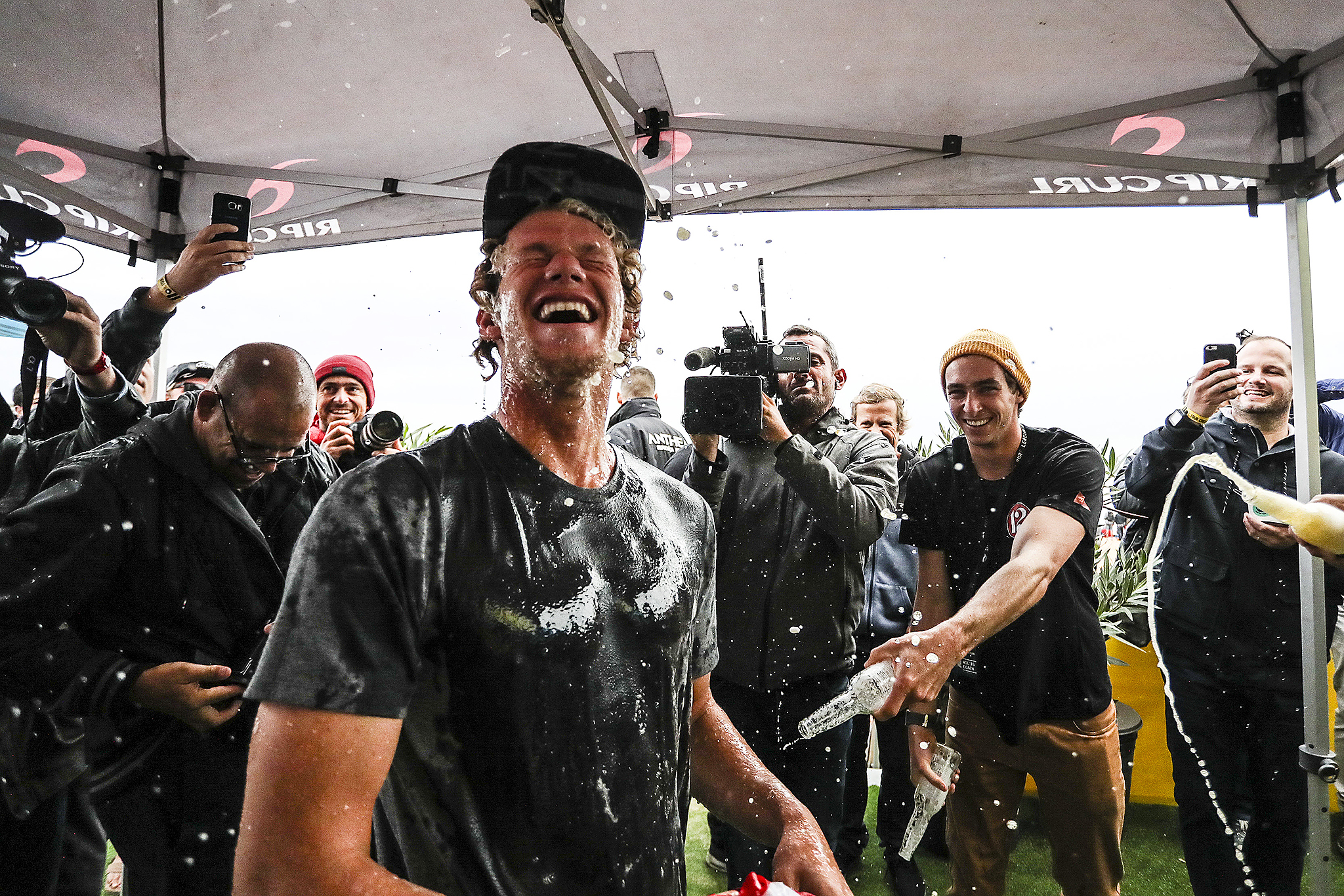 John John Florence celebrating his World Title Victory at the Meo Rip Curl Pro Portugal. Photo: WSL