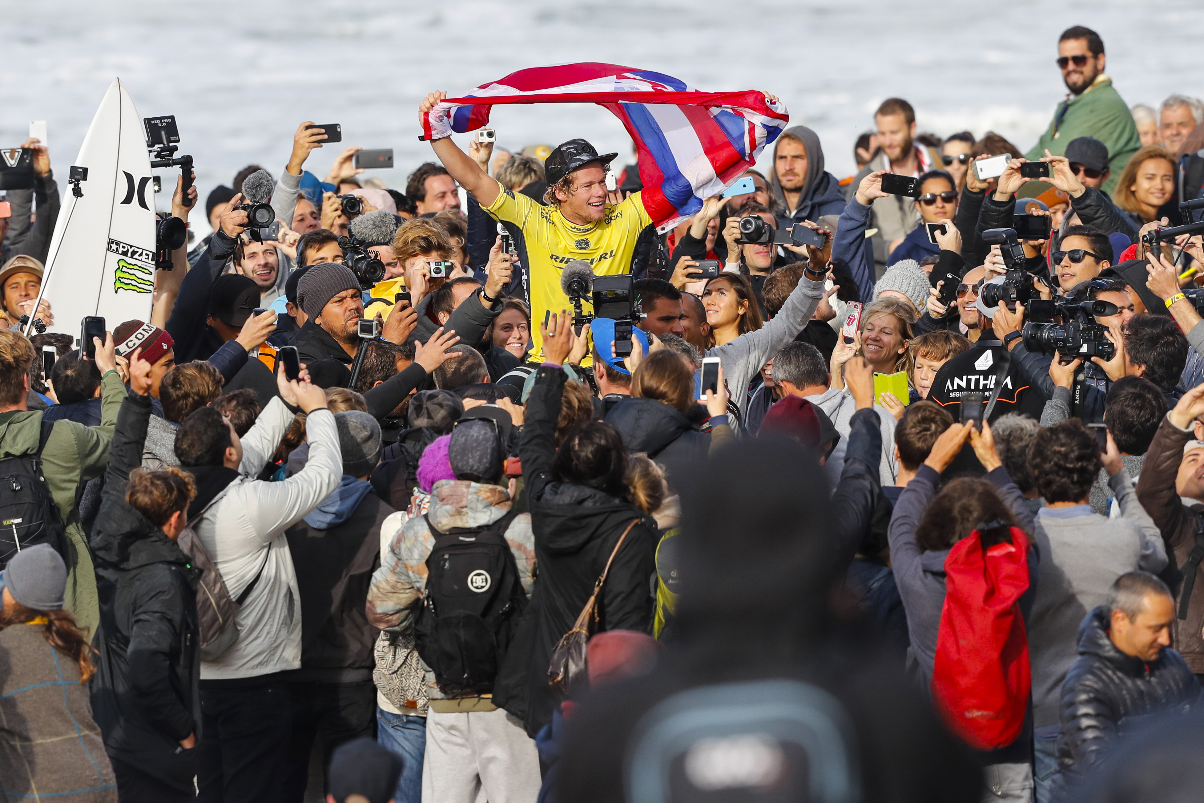 John John Florence celebrating his World Title Victory and event victory during the Meo Rip Curl Pro Portugal. Photo: WSL 
