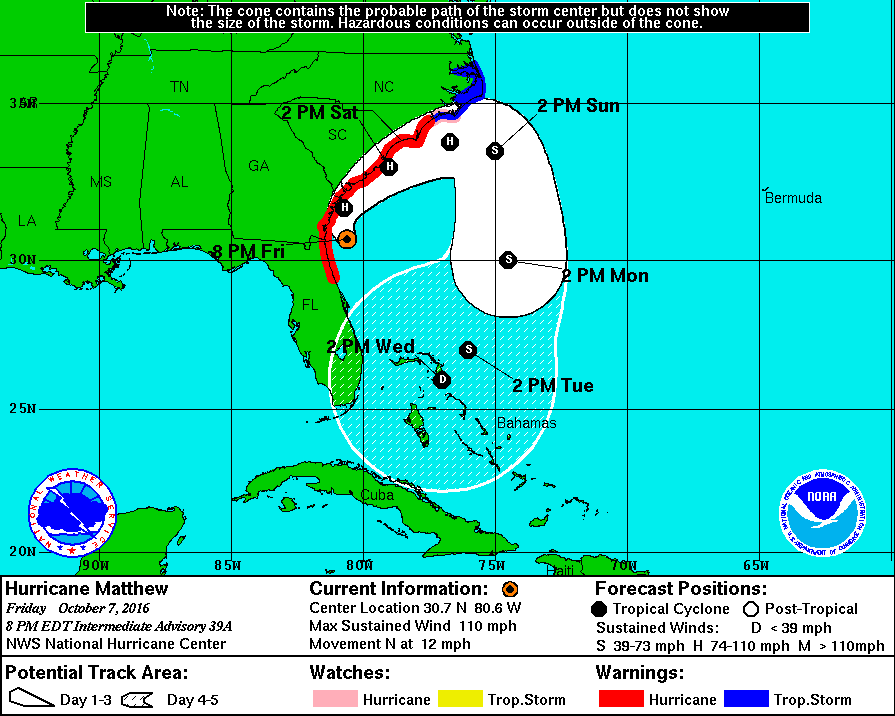 Hurricane Matthew forecast track as of 2 p.m. HST on Friday, Oct. 7, 2016.