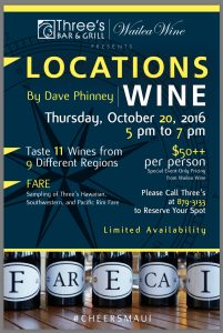 Three's Bar & Grill in Kīhei hosts a wine dinner featuring Dave Phinney's Locations wine on Thursday, Oct. 20. Courtesy image.
