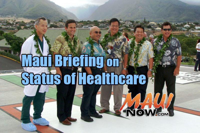 File image from 2011 Helipad dedication at MMMC. (L to R) Dr. Colin Lee, Lt. Gov. Brian Schatz, Lawmaker Gil Keith-Agaran, Maui Memorial Medical Center CEO Wes Lo, Rep. Kyle Yamashita, and MMMC Regional Board Member Anthony P. Takitani. Sen. Keith Agaran and Takitani are among the individuals participating in the upcoming briefing. File photo 9.22.11, by Wendy Osher.