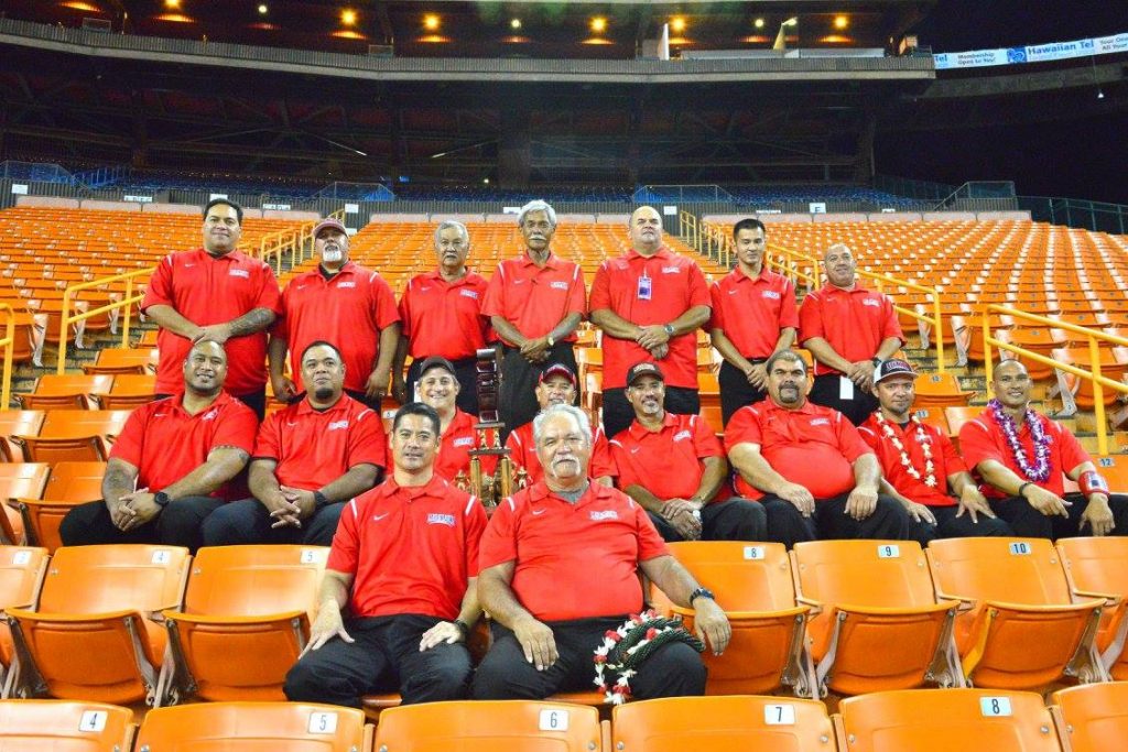 The Lahainaluna High School coaching staff with co-head coaches Garret Tihada and Bobby Watson in the front. Photo by Glen Pascual.