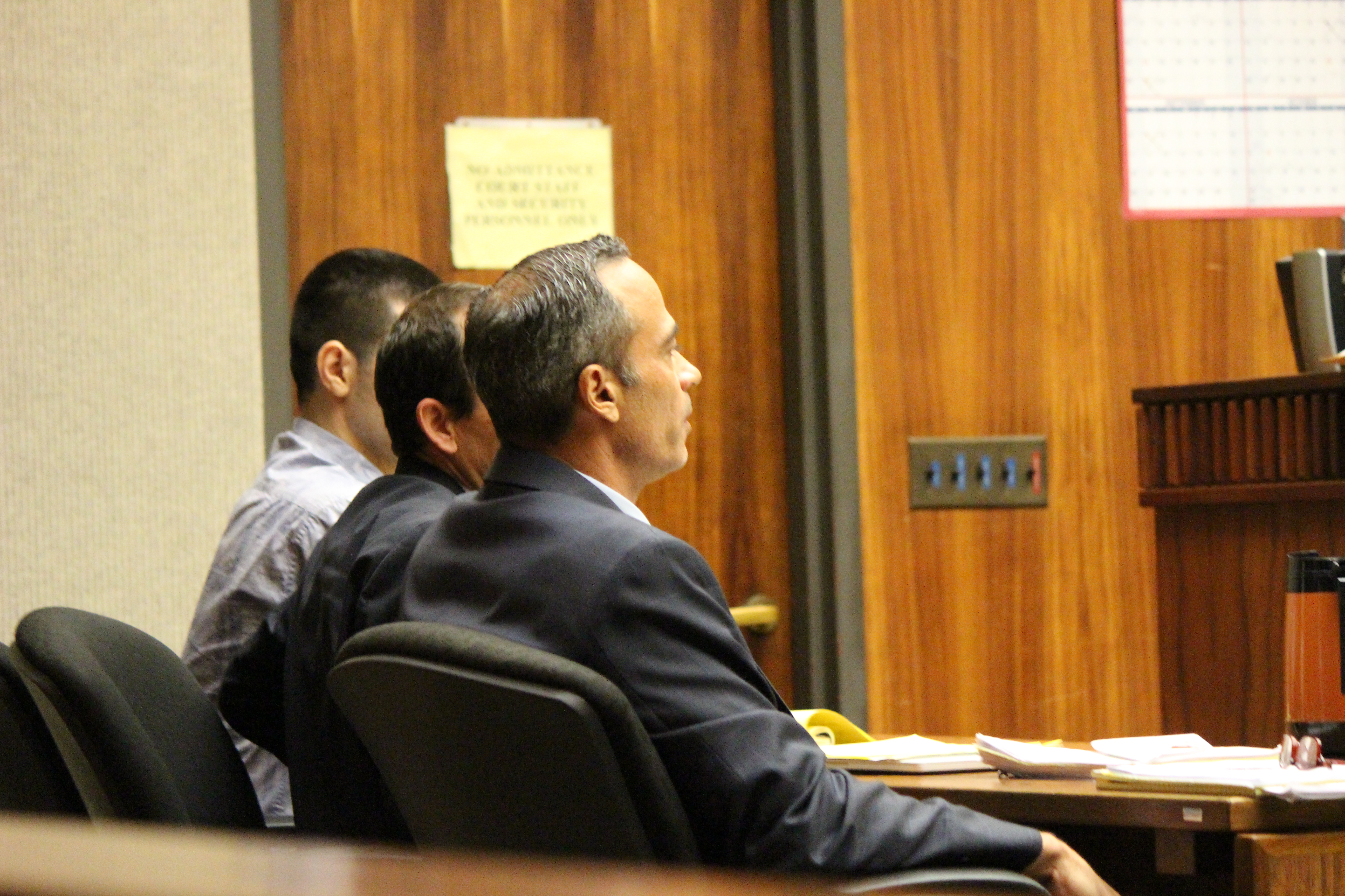 State v Capobianco trail. Defense Attorney Jon Apo in foreground (right) with fellow defense attorney Matthew Nardi (middle) and defendant Steven Capobianco (left) . PC: 11.30.16 by Wendy Osher.