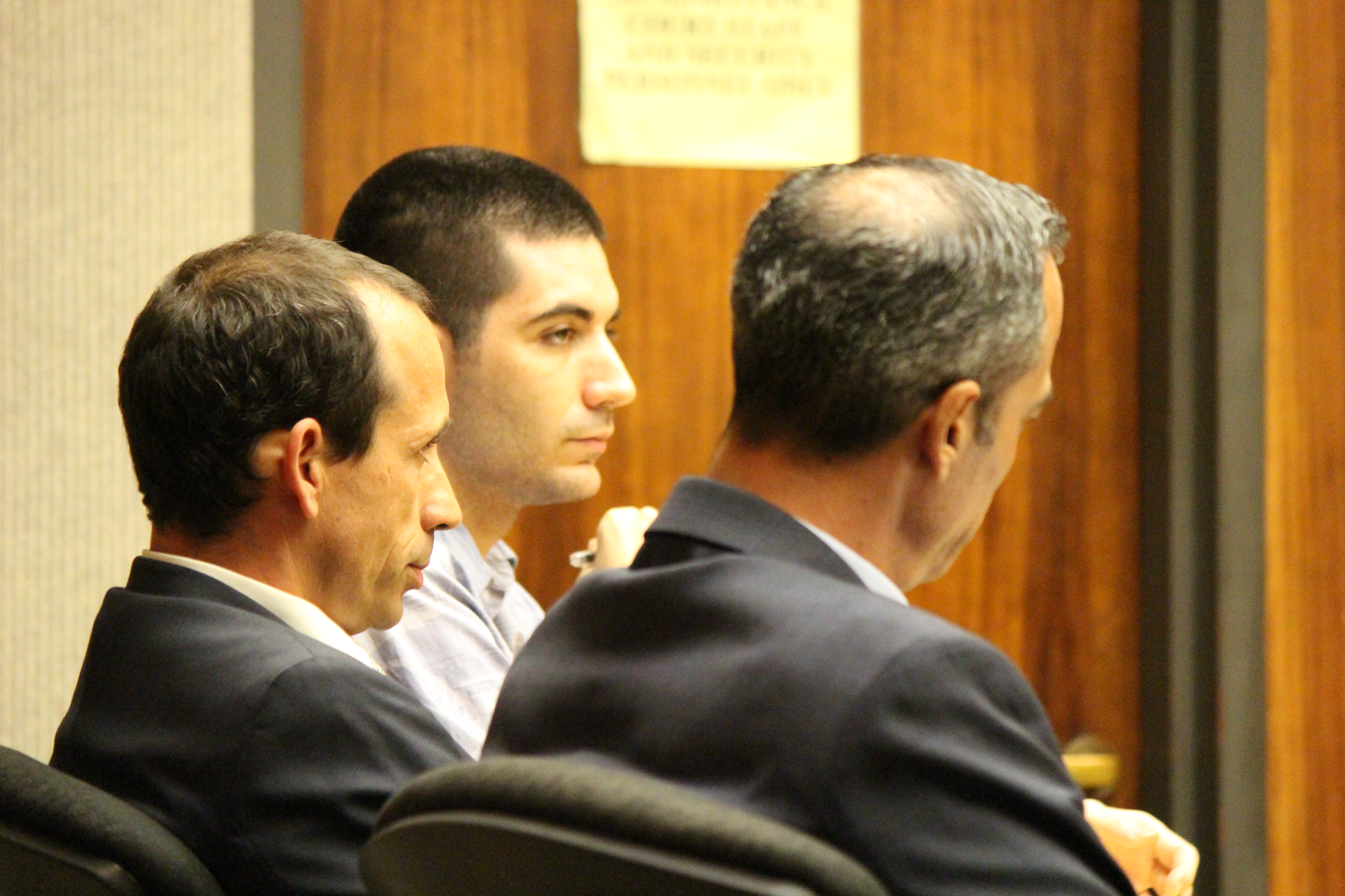 State v Capobianco trail. Defense Attorney Jon Apo in foreground (right) with fellow defense attorney Matthew Nardi (left) and defendant Steven Capobianco (background middle) . PC: 11.30.16 by Wendy Osher.
