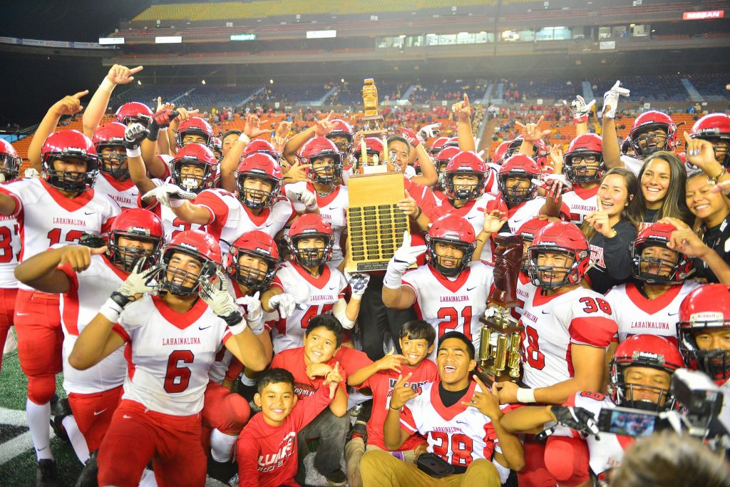 The Lahainaluna High School football team, following its 21-14 win over Kapaa in the state Division II championship game Friday at Aloha Stadium. Photo courtesy of Glen Pascual.