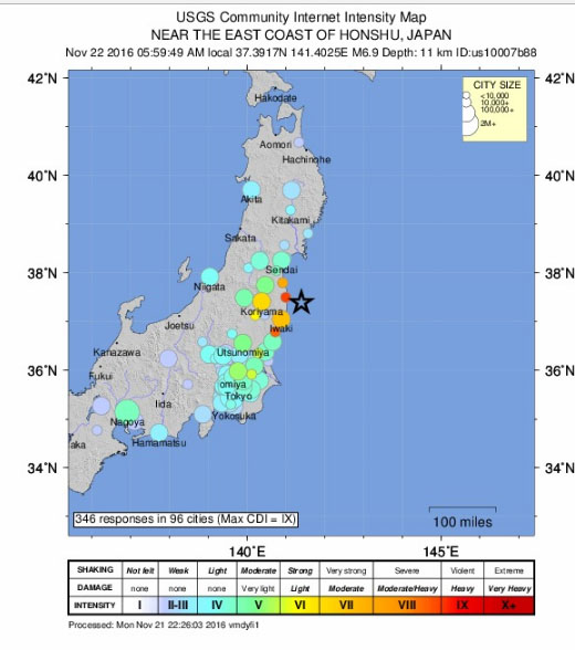 Japan quake 11/21/16. Image: USGS