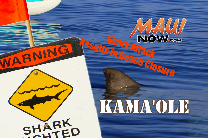 Shark attack reported at Kama'ole in South Maui. Maui Now graphic.