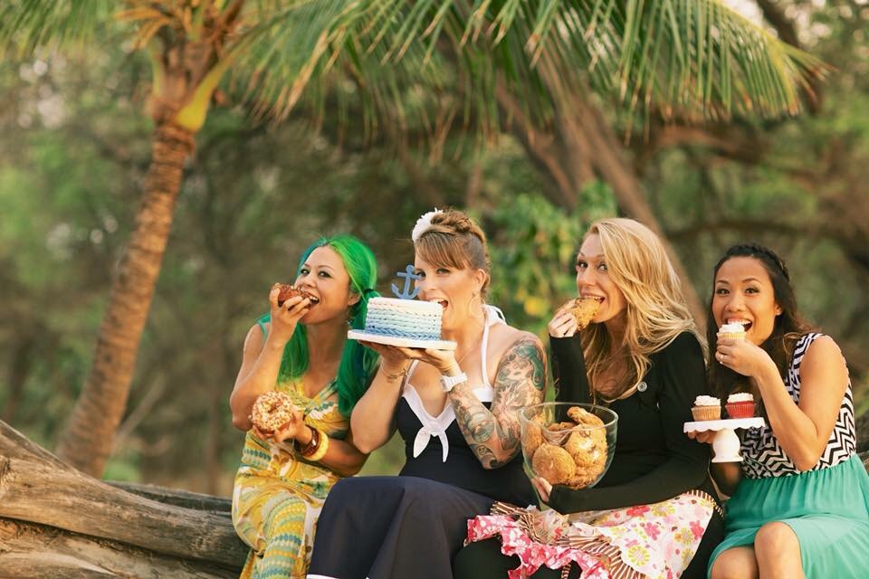 Photo Courtesy of Anna Kim Photography. From left to right: Madame Donut - "Donut Dynamite"; Betty McDonald - "B3 - A Beach Bunny Bakery"; Mitzi Toro - "The Maui Cookie Lady"; Jennilin Alcain - "Cupcake Ladies Catering Co."