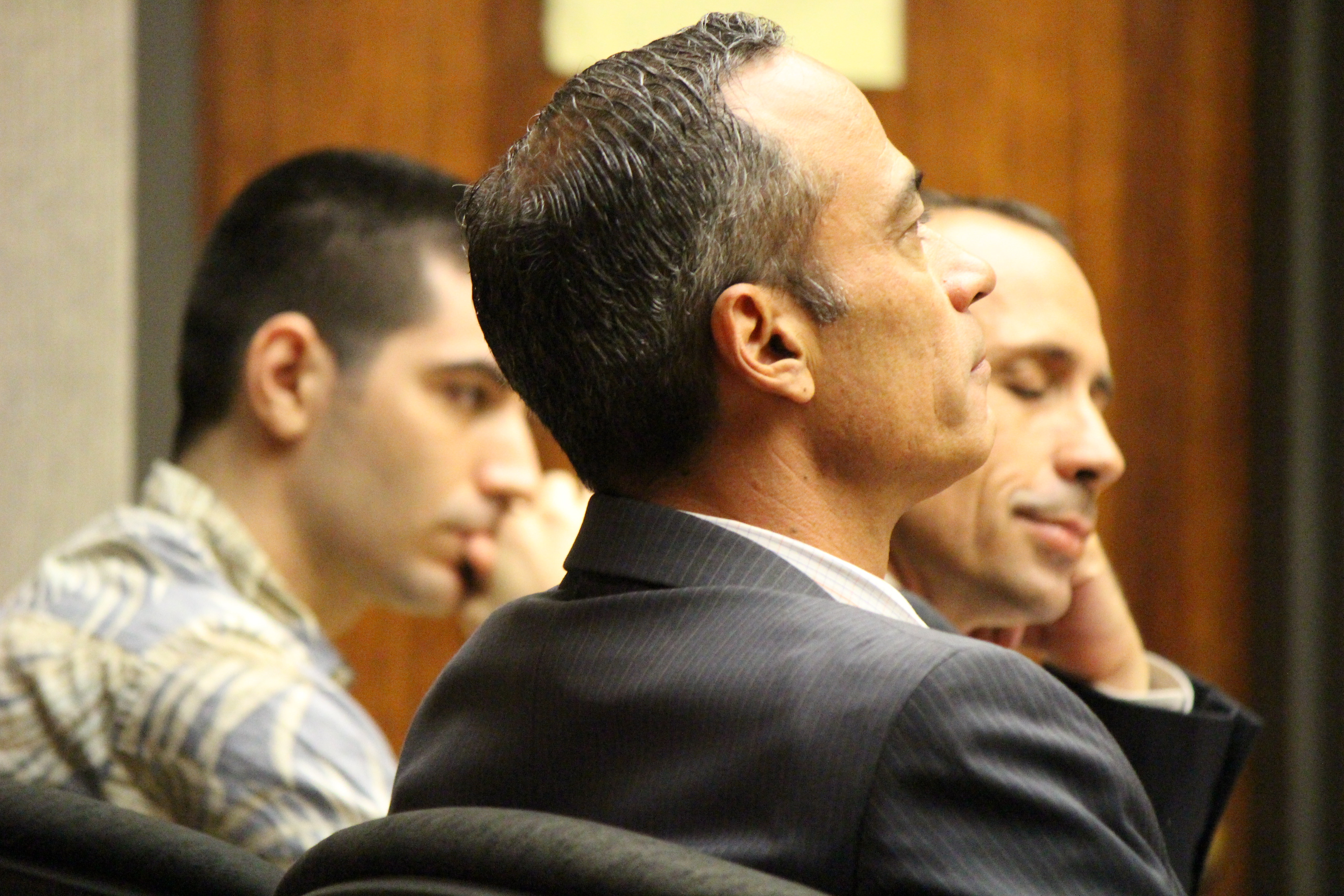 State v Capobianco trail. Defense Attorney Jon Apo in foreground (right) with fellow defense attorney Matthew Nardi (left) and defendant Steven Capobianco (background middle) . PC: 12.01.16 by Wendy Osher.