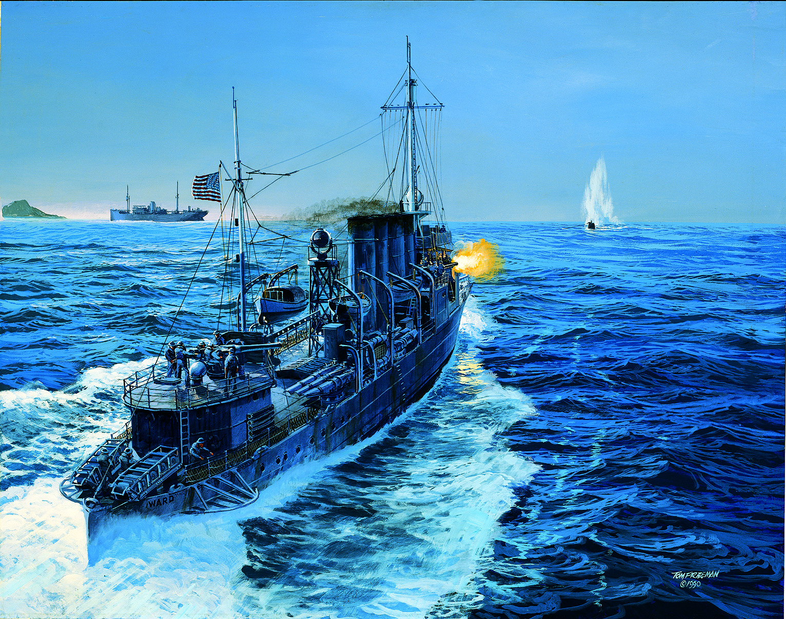 Tom Freeman's painting of USS Ward sinking a mini submarine. Credit: National Park Service