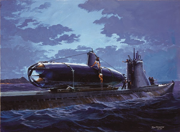 Mounted on the after deck of the “mother” submarine I-24, mini submarine HA-19 is boarded by its crew, Kazuo Sakamaki and Kyoshi Inagaki, in the pre-dawn hours of December 7, 1941. (Painting by Tom W. Freeman, courtesy of Valor in the Pacific National Historical Park)